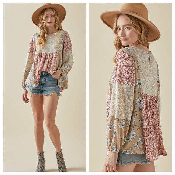 Long Sleeves Color Block Boho Chic Floral Top - Picture 4 of 8